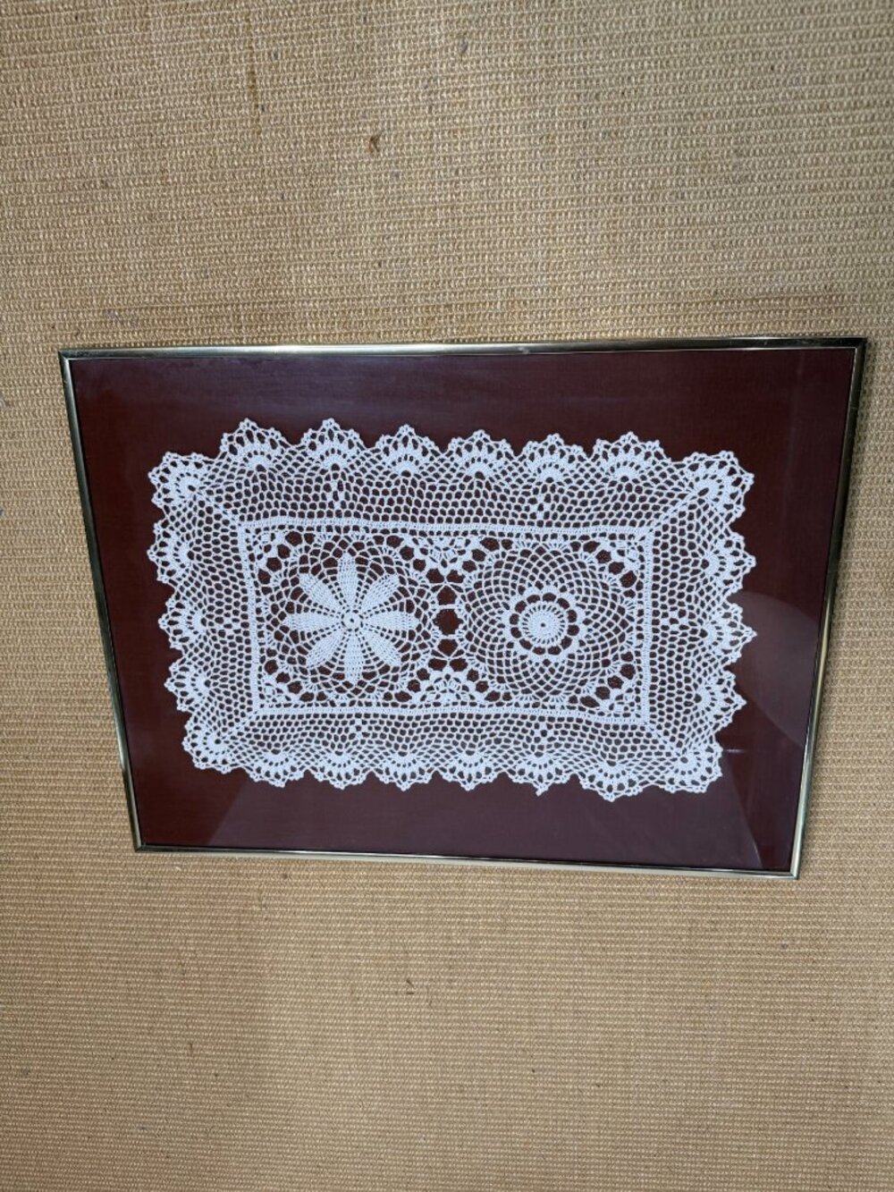 Framed Vintage Handmade White Crochet Doily Rectangle Art 18" x 25" Gallery Wall